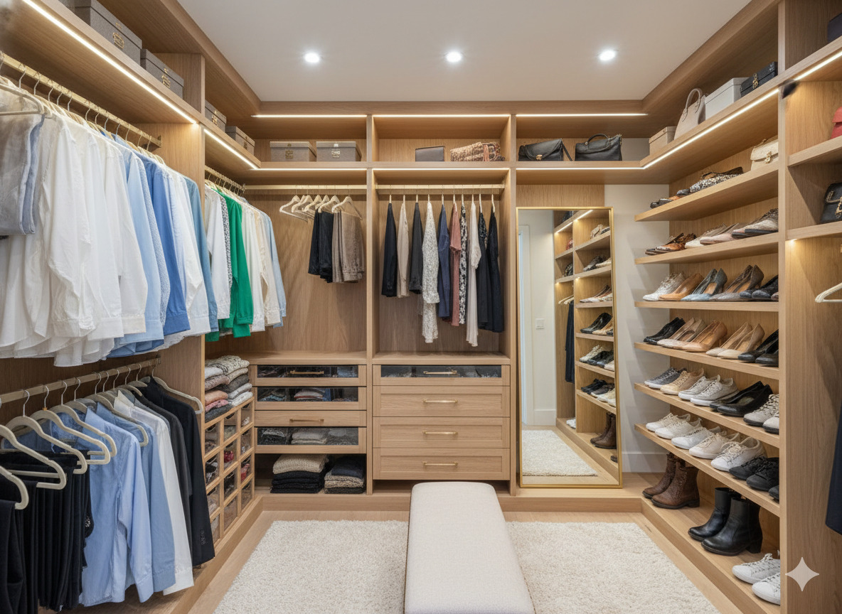 Georganiseerde garderobe met kleding